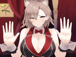 Rule 34 | 1girl, animal ears, arknights, blush, bow, bowtie, breasts, brown eyes, brown hair, bunny garden, cleavage, dr.lamina, earrings, hands up, highres, jewelry, large breasts, mole above eye, penance (arknights), red bow, red bowtie, stud earrings, wolf ears, wrist cuffs