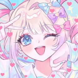 Rule 34 | 1girl, blonde hair, blue bow, blue eyes, blue hair, blue nails, bow, center-flap bangs, chouzetsusaikawa tenshi-chan, close-up, hair bow, hand up, hashtag-only commentary, heart, light blush, long hair, looking at viewer, mew (mewrurirun), multicolored hair, multicolored nails, needy girl overdose, one eye closed, open mouth, pink bow, pink hair, pink nails, purple bow, quad tails, sidelocks, smile, solo, teeth, upper teeth only, v