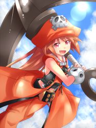 Rule 34 | 1girl, :d, anchor, belt, belt buckle, blue sky, breasts, brown eyes, brown hair, buckle, cloud, fang, guilty gear, guilty gear xrd, hat, holding, holding anchor, kitayama miuki, looking at viewer, may (guilty gear), open mouth, orange hat, orange legwear, pirate hat, skull and crossbones, sky, small breasts, smile, solo, vest