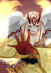 Rule 34 | 1girl, bare shoulders, blonde hair, claws, fate/grand order, fate (series), female focus, grin, horns, ibaraki douji (fate), ita4003, japanese clothes, kimono, long hair, looking at viewer, monster girl, off shoulder, oni, oni horns, short kimono, smile, solo, tattoo, wide sleeves, yellow eyes, yellow kimono