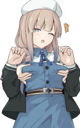 Rule 34 | 1girl, belt, black jacket, blue dress, blue eyes, blue hair, blush, grabbing another&#039;s breast, breasts, captain nemo (fate), dress, fate/grand order, fate (series), grabbing, gradient hair, hat, jacket, light brown hair, long hair, long sleeves, looking at viewer, medium breasts, multicolored hair, nemo (fate), nurse cap, nurse nemo (fate), off shoulder, one eye closed, open clothes, open jacket, open mouth, shiseki hirame, simple background, solo focus