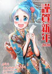 Rule 34 | 1girl, 2020, artist name, blonde hair, blue eyes, blue hair, blue kimono, blush, braid, braided bangs, commentary request, floral print, furisode, gradient hair, hair ornament, hair up, holding, holding paper, japanese clothes, kantai collection, kimono, light rays, long sleeves, looking at viewer, multicolored hair, nengajou, new year, obi, omikuji, open mouth, paper, ponytail, samidare (kancolle), sash, shadow, sidelocks, smile, solo, stone floor, swept bangs, translation request, wide sleeves, yokoshima (euphoria)