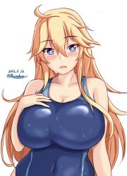 Rule 34 | ahoge, blonde hair, blue eyes, blue one-piece swimsuit, blush, breasts, cleavage, collarbone, competition swimsuit, covered navel, dated, hair between eyes, hand on own chest, highres, iowa (kancolle), kantai collection, large breasts, long hair, looking at viewer, montemasa, one-piece swimsuit, open mouth, star-shaped pupils, star (symbol), swimsuit, symbol-shaped pupils, twitter username, upper body, wet, wet clothes, wet swimsuit, white background