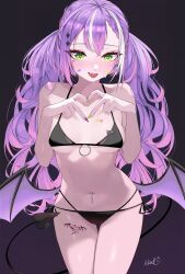 Rule 34 | 1girl, :d, absurdres, bikini, black bikini, blush, breasts, breasts apart, chest tattoo, collarbone, cowboy shot, demon girl, demon tail, demon wings, dot nose, facial mark, fang, green eyes, hair between eyes, hands up, heart, heart hands, heart tattoo, highres, hololive, kkato, legs together, long hair, looking at viewer, low wings, medium breasts, multicolored hair, nail polish, navel, navel piercing, open mouth, piercing, pink hair, pink nails, purple hair, signature, smile, solo, star (symbol), star facial mark, stomach, string bikini, swimsuit, tail, tattoo, teeth, thigh gap, thighs, tokoyami towa, twintails, upper teeth only, very long hair, virtual youtuber, white hair, wings, yellow nails