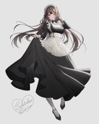 Rule 34 | 1girl, :d, absurdres, apron, black dress, black footwear, blush, breasts, brown hair, commentary request, dress, frilled apron, frills, full body, grey background, hand up, high heels, highres, juliet sleeves, long hair, long sleeves, looking at viewer, maid, maid headdress, medium breasts, open mouth, orange hair, original, pantyhose, puffy sleeves, sakura shiho, shoes, signature, simple background, smile, solo, strappy heels, very long hair, white apron, white pantyhose