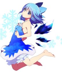 Rule 34 | 1girl, adapted costume, barefoot, bloomers, blue dress, blue eyes, blue hair, blush, breasts, cirno, dress, full body, hair ribbon, ice, ice wings, looking at viewer, matching hair/eyes, ribbon, short dress, short hair, sleeveless, small breasts, snowflake background, snowflakes, solo, touhou, underwear, white background, wings, you (noanoamoemoe)