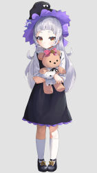 Rule 34 | 1girl, aged down, alternate costume, black dress, black footwear, black hat, black ribbon, blunt bangs, bow, brown eyes, closed mouth, dress, forehead, full body, grey background, hat, highres, hololive, hugging object, kneehighs, konkito, long hair, long sleeves, murasaki shion, purple bow, red bow, ribbon, shirt, shoes, short eyebrows, silver hair, simple background, sleeveless, sleeveless dress, socks, solo, standing, star (symbol), striped, striped bow, stuffed animal, stuffed toy, teddy bear, thick eyebrows, very long hair, virtual youtuber, white shirt, white socks, witch hat