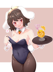 Rule 34 | 1girl, ahoge, alcohol, alternate costume, animal ears, bare shoulders, breasts, brown background, brown hair, brown pantyhose, cleavage, commentary request, covered navel, cup, detached collar, drinking glass, food, fruit, heart, holding, holding plate, inaba tewi, lemon, lemon slice, leotard, looking at viewer, medium breasts, open mouth, pantyhose, plate, playboy bunny, rabbit ears, red eyes, rururiaru, short hair, simple background, smile, solo, spoken heart, touhou, two-tone background, white background, wrist cuffs