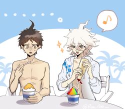Rule 34 | 2boys, :d, blush, bottle, brown hair, chair, collarbone, danganronpa (series), danganronpa s: ultimate summer camp, food, grey hair, grey jacket, highres, hinata hajime, holding, holding bottle, holding spoon, hood, hood down, hooded jacket, ice cream, jacket, komaeda nagito, mayonnaise, mayonnaise bottle, medium hair, messy hair, multiple boys, musical note, open mouth, palm tree, podo mayo, sitting, smile, speech bubble, spoon, sweat, table, teeth, topless, tree, upper teeth only, white background