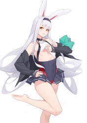 Rule 34 | 1girl, absurdres, animal ears, azur lane, bad feet, bare legs, bare shoulders, barefoot, black hairband, black jacket, blunt bangs, blush, breast curtains, clothes lift, collarbone, covered navel, darling0221, artistic error, flat chest, hairband, hand on own hip, highres, jacket, leg up, lifting own clothes, long hair, long sleeves, looking at viewer, nipples, off shoulder, open clothes, open jacket, parted lips, rabbit ears, shimakaze (azur lane), showgirl skirt, silver hair, smile, solo, standing, standing on one leg, very long hair, wrong foot, yellow eyes