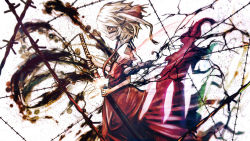 Rule 34 | 1girl, barbed wire, blonde hair, chain, colored eyelashes, denpa rasaito, flandre scarlet, from side, grin, inkblot, necktie, no headwear, profile, red eyes, sheath, short hair, smile, solo, sword, touhou, unsheathing, weapon