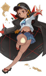 Rule 34 | 1girl, absurdres, ball and chain (weapon), black coat, blue sailor collar, blunt bangs, bob cut, brass knuckles, brown eyes, brown hair, coat, crescent, crescent hat ornament, hat ornament, highres, jacket, jeon yong ileum, kill la kill, knee up, looking at viewer, mankanshoku mako, midriff peek, mouth hold, navel, open clothes, open coat, outstretched arm, pleated skirt, sailor collar, sandals, school uniform, serafuku, short sleeves, simple background, skirt, solo, stalk in mouth, uniform, weapon, white background