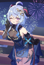 Rule 34 | 1girl, ;d, ahoge, bare legs, bare shoulders, bell, black dress, blue hair, blush, breasts, cleavage, commentary request, cowbell, cowboy shot, detached sleeves, dress, fireworks, ganyu (genshin impact), ganyu (twilight blossom) (genshin impact), genshin impact, goat horns, hair ornament, highres, horns, large breasts, leaning forward, long sleeves, looking at viewer, neck bell, night, night sky, official alternate costume, official alternate hairstyle, one eye closed, open mouth, outdoors, pelvic curtain, railing, sky, smile, solo, standing, thigh strap, thighs, vision (genshin impact), zenshin