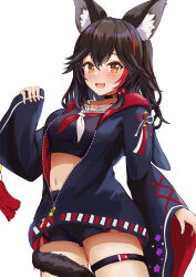 Rule 34 | 1girl, absurdres, animal ear fluff, animal ears, black hair, black jacket, black shirt, black shorts, breasts, cropped shirt, highres, hololive, jacket, long hair, looking at viewer, matu kunugi, medium breasts, multicolored hair, navel, official alternate costume, ookami mio, ookami mio (another ookami mio), open mouth, red hair, shirt, short shorts, shorts, smile, solo, streaked hair, tail, tail around own leg, thigh strap, virtual youtuber, white background, wolf ears, wolf girl, wolf tail, yellow eyes