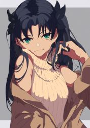 Rule 34 | 1girl, alternate costume, bare shoulders, black hair, black ribbon, border, fate (series), green eyes, grey background, hand in own hair, jacket, jacket on shoulders, letterboxed, long hair, looking at viewer, outside border, ribbed sweater, ribbon, sakasa 513, smile, solo, sweater, tohsaka rin, turtleneck, two side up, upper body, white border