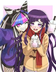 Rule 34 | 2girls, bandaged hand, black bow, black hair, blue hair, blush, bow, bubble tea, commentary request, cup, danganronpa (series), danganronpa 2: goodbye despair, disposable cup, drinking straw, fang, fishnet legwear, fishnets, hair bow, hair horns, hands up, highres, holding, kui ka, long hair, long sleeves, lower teeth only, mioda ibuki, multicolored hair, multiple girls, one eye closed, pantyhose, piercing, pink background, pink eyes, pink hair, purple eyes, red scarf, scarf, teeth, tsumiki mikan, white background, white hair