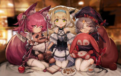 Rule 34 | 3girls, animal ears, arknights, blurry, blurry background, braided hair rings, commentary request, cookie, eyepatch, food, green eyes, heart, heart-shaped pupils, highres, hugging object, infection monitor (arknights), jell (jell y fish), knife, looking at viewer, material growth, multiple girls, open mouth, oripathy lesion (arknights), pantyhose, plate, popukar (arknights), red eyes, red hair, seiza, shamare (arknights), sitting, suzuran (arknights), symbol-shaped pupils, tea, tears, thighhighs, white legwear