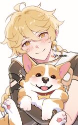 Rule 34 | 1boy, aether (genshin impact), ahoge, animal, animal ears, arm armor, artist name, black eyes, blonde hair, blush, bone necklace, braid, brown collar, brown eyes, brown fur, brown gloves, brown shirt, closed mouth, collar, dog, dog ears, earrings, genshin impact, gloves, hair between eyes, hair ornament, hands up, hug, jewelry, long hair, looking at viewer, scarf, shirt, short sleeves, simple background, single earring, smile, tongue, tongue out, two-tone fur, white background, white fur, white scarf, yiiisheng