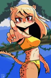 Rule 34 | 1girl, artist request, blonde hair, bra, breasts, female focus, furry, furry female, leopard, nature, outdoors, panties, plant, pointing, red eyes, sky, solo, underwear