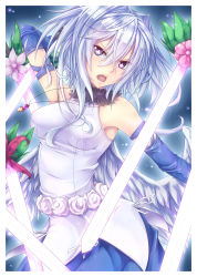 Rule 34 | 1girl, absurdres, blue gloves, dress, engi threepiece, feathered wings, flower, gloves, hair intakes, highres, open mouth, purple eyes, shintani tsushiya, silver hair, sleeveless, sleeveless dress, solo, symbol-shaped pupils, white wings, wings, yumekui merry