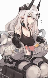 Rule 34 | 1girl, absurdres, arknights, black gloves, black sports bra, bodysuit, breasts, cleavage, closed mouth, ear piercing, elite ii (arknights), gloves, highres, horns, infection monitor (arknights), large breasts, material growth, mudrock (arknights), mudrock (elite ii) (arknights), open bodysuit, open clothes, oripathy lesion (arknights), piercing, pointy ears, red eyes, sarashi, simple background, solo, sports bra, white background, white bodysuit, white hair, yurooe