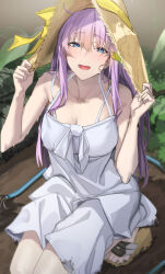 Rule 34 | 1girl, blue eyes, bow, bra strap, breasts, dirty, dirty clothes, dress, dress bow, hair ornament, hat, holding, holding clothes, holding hat, konoe nanami, lamune, long dress, long hair, multicolored hair, open mouth, pallad, purple hair, sandals, straw hat, sundress