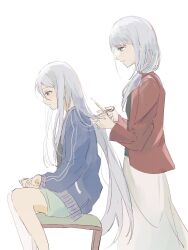 Rule 34 | 2girls, blue eyes, closed mouth, commentary, cutting hair, english commentary, grey hair, highres, holding, holding hair, holding scissors, koppan, long hair, long sleeves, low-tied long hair, mother and daughter, multiple girls, on chair, pocket, project sekai, scissors, shorts, sidelocks, sitting, standing, time paradox, very long hair, white background, yoisaki kanade, yoisaki kanade&#039;s mother