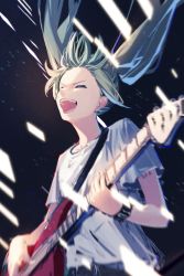 Rule 34 | 1girl, :d, absurdres, closed eyes, commentary request, electric guitar, forehead, green hair, guitar, hatski.sin, hatsune miku, highres, holding, holding instrument, instrument, long hair, motion blur, music, open mouth, playing instrument, shirt, short sleeves, smile, solo, twintails, v-shaped eyebrows, vocaloid, white shirt