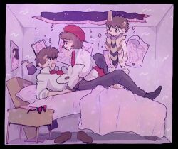 Rule 34 | 1girl, 2boys, bed, bedroom, beret, black-framed eyewear, black pants, black socks, blanket, bookila, bookila ni yoroshiku!, broken, brown hair, closed mouth, collared shirt, creature, debris, drawing (object), from side, full body, gou (gogo xo), hat, highres, holding, holding stuffed toy, hole, hole in ceiling, indoors, knee up, lamp, long sleeves, looking at another, lying, multiple boys, necktie, neoki toroko, night, night sky, nightstand, on back, on bed, open mouth, pants, picture frame, pillow, poster (object), red necktie, rock (tezuka osamu), sconce, shirt, shoes, short hair, sky, sleeves rolled up, socks, star system, stuffed toy, sunglasses, sweat, unworn eyewear, unworn shoes, white shirt