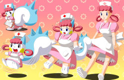 Rule 34 | apron, blue eyes, blush, creatures (company), dress, edmol, game freak, gen 4 pokemon, hat, joy (pokemon), nintendo, nurse, pachirisu, pink dress, pink hair, pokemon, pokemon (creature), transformation