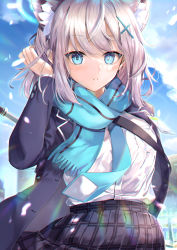 Rule 34 | 1girl, absurdres, animal ear fluff, animal ears, blazer, blue archive, blue eyes, blue necktie, blue scarf, blurry, blurry background, blush, cat ears, cat girl, cloud, cowboy shot, hair ornament, halo, hand up, hane yuki, highres, id card, jacket, long sleeves, looking at viewer, medium hair, messy hair, necktie, open clothes, open jacket, parted lips, plaid, plaid skirt, scarf, shiroko (blue archive), shirt, sidelocks, silver hair, skirt, sky, solo, standing, sunlight, white shirt, wind, x hair ornament