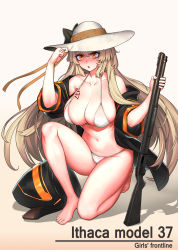 Rule 34 | 1girl, :o, bare legs, bare shoulders, barefoot, bikini, black bow, black jacket, body writing, bow, breast tattoo, breasts, cain (grt1125), cleavage, collarbone, artistic error, fingernails, girls&#039; frontline, gradient background, gun, hair between eyes, hand on headwear, hand up, hat, hat bow, hat ribbon, highres, holding, holding gun, holding weapon, ithaca m37, jacket, large breasts, light brown hair, long hair, long sleeves, looking at viewer, m37 (girls&#039; frontline), navel, off shoulder, on one knee, open clothes, open jacket, open mouth, orange eyes, pump action, ribbon, short sleeves, shotgun, solo, strap gap, string bikini, sun hat, swimsuit, tattoo, toenails, toes, very long hair, weapon, white bikini, yellow ribbon