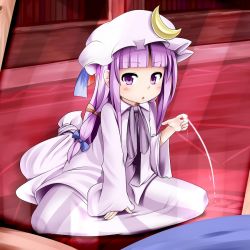 Rule 34 | 1girl, blunt bangs, blush, crescent, crescent moon, female focus, full body, hat, long hair, miki purasu, moon, patchouli knowledge, purple eyes, red eyes, sitting, solo, touhou
