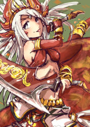 Rule 34 | 1girl, :p, blonde hair, choker, crop top, crown, dual wielding, echidna (p&amp;d), gotaishu, halterneck, halterneck, holding, jewelry, lamia, lots of jewelry, midriff, monster girl, navel, puzzle &amp; dragons, raikou (gotaishu), solo, sword, tongue, tongue out, weapon