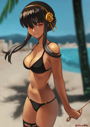 Rule 34 | 1girl, artist name, beach, bikini, black bikini, black hair, black thighhighs, blurry, blurry background, breasts, closed mouth, dagger, floating hair, flower, gold hairband, hair flower, hair ornament, hairband, highres, holding, holding dagger, holding knife, holding weapon, knife, looking at viewer, medium breasts, navel, outdoors, palm tree, red eyes, rose, shinsaku (stan-art), sidelocks, smile, solo, spy x family, stiletto (weapon), stomach, swimsuit, thighhighs, tree, weapon, yor briar