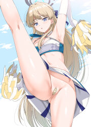 1girl ahoge alternate_costume arm_up armpits bandaid bandaid_on_pussy bare_shoulders blonde_hair blue_archive blue_eyes blush cheerleader commentary elbow_gloves gloves holding holding_pom_poms inu_(aerodog) leg_up long_hair looking_at_viewer midriff millennium_cheerleader_outfit_(blue_archive) miniskirt navel no_panties pom_pom_(cheerleading) pom_poms pussy skirt solo split spread_legs standing standing_on_one_leg standing_split sweat toki_(blue_archive) very_long_hair white_gloves