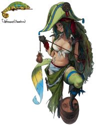 Rule 34 | barrel, boots, braid, breasts, chameleon, chest tattoo, cleavage, cross-laced footwear, denim, denim shorts, feathers, grappling hook, green eyes, green hat, hat, high heel boots, high heels, highres, knife, lace-up boots, large breasts, long hair, messy hair, moneybag, navel, original, panties, photo inset, pirate hat, red panties, reference photo, rinotuna, shirt, short shorts, shorts, simple background, solo, stomach tattoo, tattoo, tied shirt, tongue, tongue out, torn clothes, torn legwear, underwear, very long hair, vest, white background