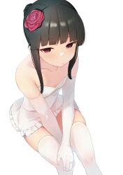 Rule 34 | 1girl, bare shoulders, between legs, black hair, blunt bangs, blush, breasts, cleavage, closed mouth, collarbone, commentary, dated commentary, dress, elbow gloves, feet out of frame, flower, frilled dress, frills, from above, gloves, hair bun, hair flower, hair ornament, hand between legs, hand on own knee, hatsuyuki (kancolle), highres, jewelry, kantai collection, long hair, looking at viewer, red eyes, red flower, red rose, ring, rose, sakieko, sidelocks, simple background, sitting, sleeveless, sleeveless dress, small breasts, solo, strapless, strapless dress, thighhighs, white background, white dress, white gloves, white thighhighs, zettai ryouiki