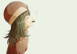 Rule 34 | 1girl, animal, bad id, bad pixiv id, bee, blush, bug, closed eyes, closed mouth, colored eyelashes, from side, green hair, hat, hunter x hunter, insect, kiss, kissing animal, mahoshiki, ponzu, profile, simple background, smile, solo, translation request, turtleneck, upper body