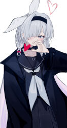 Rule 34 | 1girl, 8rk9, absurdres, arm at side, black choker, black hairband, black jacket, black sailor collar, black serafuku, black shirt, black skirt, blue archive, blush, bow, braided sidelock, choker, collarbone, collared jacket, covering own mouth, grey eyes, grey hair, hair bow, hair over one eye, hairband, halo, heart, heart halo, highres, jacket, long hair, long skirt, long sleeves, looking at viewer, neckerchief, one eye covered, parted bangs, plana (blue archive), pleated skirt, raised eyebrows, red pupils, sailor collar, school uniform, serafuku, shirt, sidelocks, simple background, skirt, solo, white background, white bow, white neckerchief