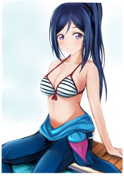 Rule 34 | 1girl, bare arms, bare shoulders, bikini, bikini top only, blue background, blue hair, blush, bodysuit, bow, bow bikini, breasts, cleavage, collarbone, dark blue hair, diving suit, high ponytail, light background, long hair, looking at viewer, love live!, love live! sunshine!!, matsuura kanan, medium breasts, nannacy7, ponytail, purple eyes, sidelocks, sitting, smile, solo, striped bikini, striped bikini top, striped clothes, swimsuit, water, wet, wet hair, wetsuit