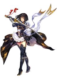 Rule 34 | 1girl, armor, armored boots, belt, black footwear, black hair, black thighhighs, boots, elbow gloves, erika (shadowverse), full body, garter straps, gauntlets, gloves, high heel boots, high heels, highres, holding, holding sword, holding weapon, open mouth, purple eyes, shadowverse, short hair, simple background, skirt, solo, standing, sword, thigh boots, thighhighs, transparent background, weapon, white background, wind, wind lift