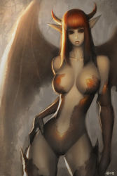 Rule 34 | 1girl, alien1452, bat wings, bloom, breasts, contrapposto, demon girl, hand on own hip, highres, horns, large breasts, narrow waist, pointy ears, solo, standing, wings