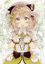 Rule 34 | 1girl, absurdres, animal, animal ears, blush, brown hair, bug, butterfly, cat ears, center frills, closed mouth, collared shirt, commentary request, flower, food-themed hair ornament, frilled shirt collar, frills, gloves, green eyes, green flower, green skirt, hair between eyes, hair flower, hair ornament, hands up, head scarf, highres, insect, interlocked fingers, looking at viewer, original, resolution mismatch, sakura oriko, shirt, short sleeves, skirt, solo, source smaller, strawberry hair ornament, upper body, white gloves, white shirt