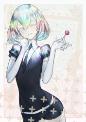 Rule 34 | 1other, belt, black necktie, black shorts, blue hair, candy, collared shirt, commentary request, contrapposto, diamond (houseki no kuni), elbow gloves, food, gloves, hands up, holding, houseki no kuni, lollipop, looking at viewer, mins (minevi), multicolored hair, necktie, one eye closed, puffy short sleeves, puffy sleeves, shirt, short hair, short shorts, short sleeves, shorts, smile, solo, standing, vest, white gloves, wing collar