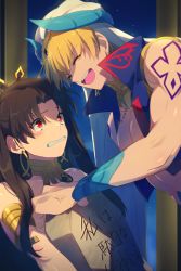 Rule 34 | 1boy, 1girl, anger vein, armlet, bare shoulders, black bow, blonde hair, blue vest, blush, bow, breasts, brown hair, closed eyes, cropped vest, crying, detached collar, earrings, echo (circa), false smile, fate/grand order, fate (series), gilgamesh, gilgamesh (caster) (fate), gilgamesh (fate), hair bow, hoop earrings, ishtar (fate), jewelry, long hair, neck ring, parted bangs, red eyes, short hair, shoulder tattoo, smile, stone tablet, tattoo, tiara, translation request, turban, two side up, vest