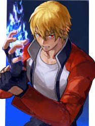 Rule 34 | 1boy, black gloves, blonde hair, blue background, collarbone, fatal fury, fingerless gloves, fire, garou: mark of the wolves, gloves, gradient background, hair between eyes, highres, jacket, long sleeves, looking at viewer, male focus, oni gini, pyrokinesis, red eyes, red jacket, rock howard, shirt, short hair, solo, the king of fighters, upper body, white shirt