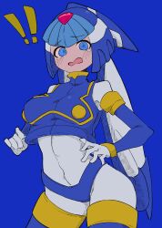 Rule 34 | 1girl, absurdres, android, blue background, blue eyes, bodysuit, bodysuit under clothes, buzzlyears, crop top, fairy leviathan (mega man), helmet, highres, looking at viewer, mega man (series), mega man zero (series), open mouth, simple background, smug, solo, upper body, white bodysuit