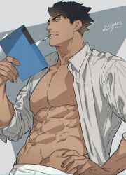 Rule 34 | 1boy, abs, bara, brown hair, character request, collared shirt, copyright request, facial hair, grey background, holding, holding notebook, looking to the side, male focus, multicolored background, muscular, muscular male, mustache, nipples, notebook, open clothes, open shirt, pectorals, shirt, short hair, signature, smoke trail, smoking, solo, twitter username, upper body, white shirt, yan (bltyann)