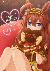 Rule 34 | 1girl, absurdres, ahoge, animal ears, arm garter, blue eyes, brown dress, brown hair, candy, chocolate, chocolate heart, covering own mouth, dress, feet out of frame, food, hair between eyes, hairband, hands up, happy valentine, heart, highres, holding, holding chocolate, holding food, horse ears, long hair, mihono bourbon (code:glassage) (umamusume), mihono bourbon (umamusume), roppaku, sitting, sleeveless, sleeveless dress, solo, umamusume, valentine, wrist cuffs